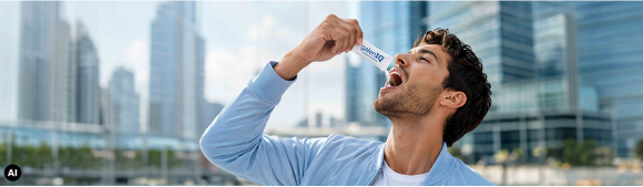 Man pouring a galenIQ-branded sachet into his mouth outdoors in a modern urban setting.