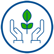 Hands holding growing plant inside circular sustainability icon representing environmental responsibility and care