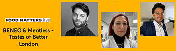BENEO and Meatless event banner featuring speakers discussing sustainable nutrition and weight management solutions