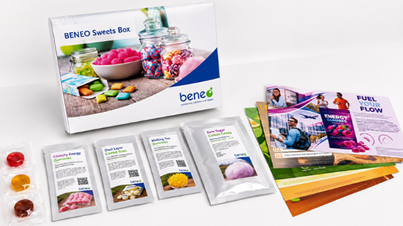 BENEO Sweets Box featuring confectionery ingredient samples, product concepts, and application brochures showcasing innovative sweet solutions for sugar reduction, energy management, and functional nutrition.