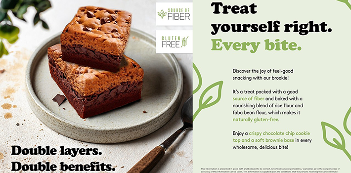 Chocolate brookie with a soft texture, positioned as a better-for-you snack with fiber and gluten-free benefits.