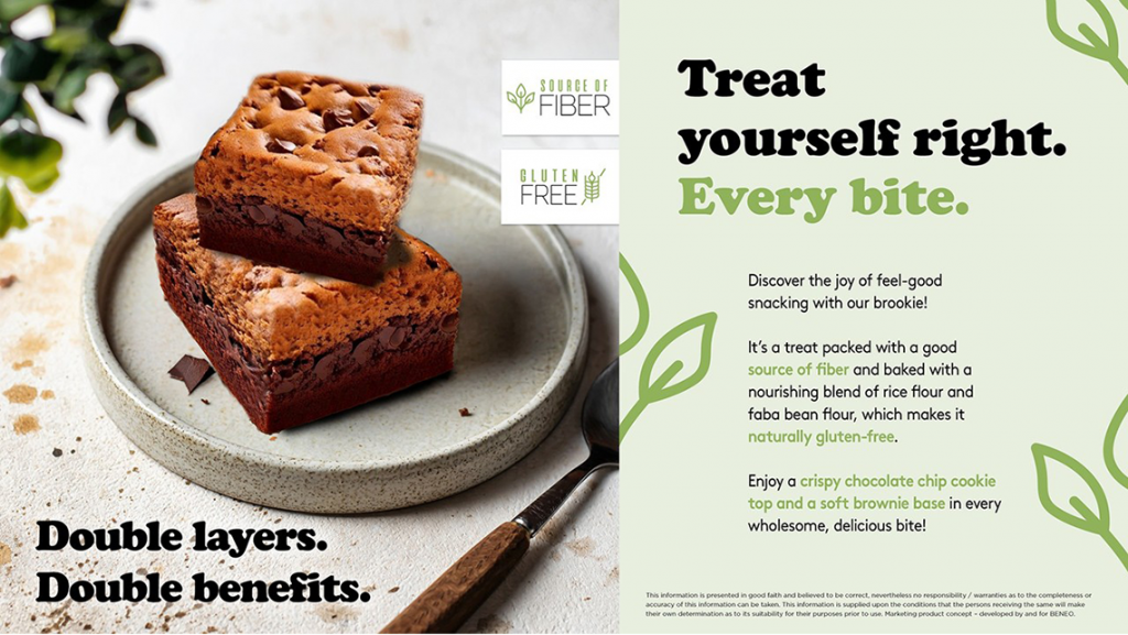 Chocolate brookie with a soft texture, positioned as a better-for-you snack with fiber and gluten-free benefits.