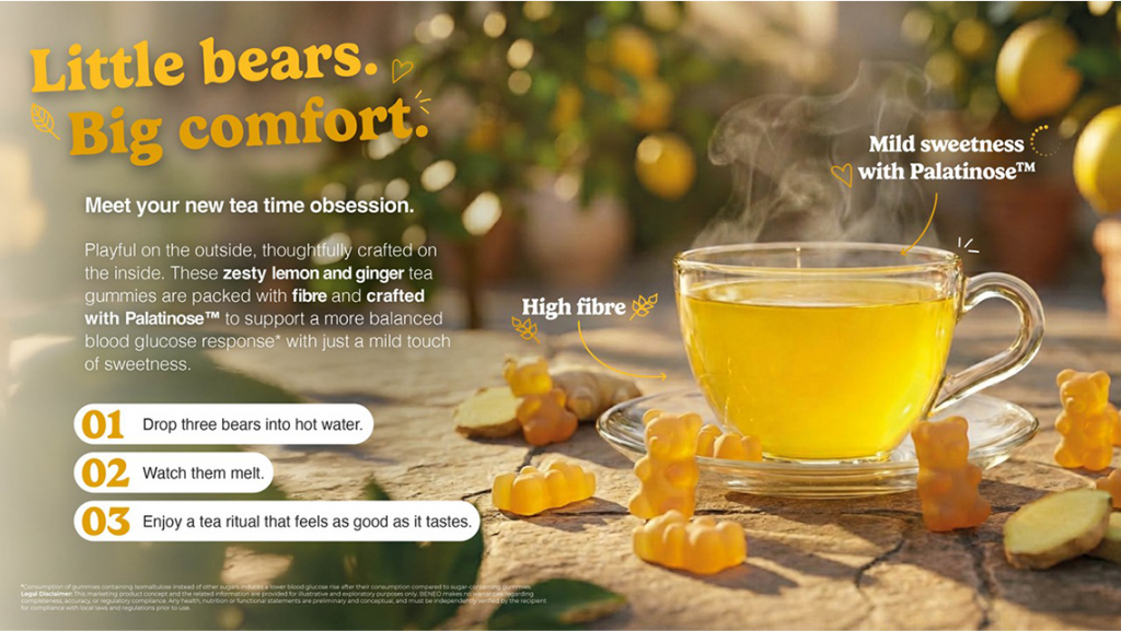 Lemon and ginger tea gummies dissolving into a warm beverage, delivering fiber and gentle sweetness with Palatinose™.