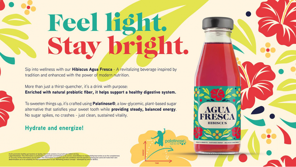 Hibiscus agua fresca fortified with prebiotic fiber, offering a refreshing way to support digestive health and wellness.
