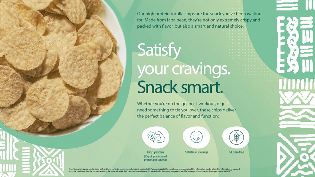 Crunchy tortilla chips made with faba bean protein, offering a nutritious and satisfying snack option.