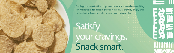 High-protein tortilla chips made from faba beans, promoting smart snacking, plant-based protein and satisfying cravings.