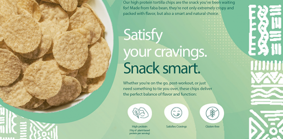 Promotional graphic featuring high-protein tortilla chips made from faba bean protein, highlighting smart snacking, protein content and gluten-free benefits