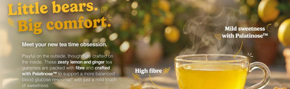 Tea gummies enriched with fiber and Palatinose™ designed to create a comforting hot drink that supports a balanced blood glucose response.