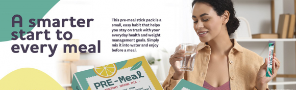 Woman preparing a pre-meal drink mix with water, highlighting healthy weight management, daily wellness and mindful eating habits.
