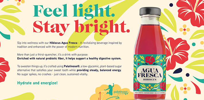 Promotional banner for a hibiscus agua fresca beverage enriched with prebiotic fibre and Palatinose™, highlighting digestive wellness, balanced energy and hydration.