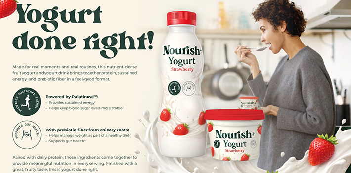 Woman enjoying strawberry yogurt fortified with Palatinose™ and chicory root fiber, highlighting sustained energy, gut health and nutritious snacking.