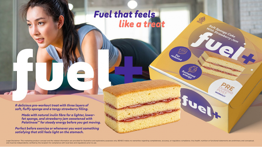 Woman exercising with a snack cake product that combines indulgent taste with sustained energy benefits.