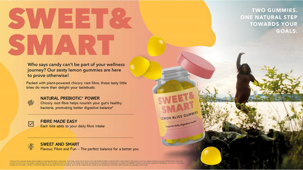 Lemon gummies made with plant-based chicory root fiber, combining wellness benefits with enjoyable taste.