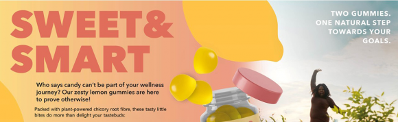 Lemon-flavored gummies with chicory root fiber showcased as a convenient wellness snack that supports health goals and enjoyable nutrition.