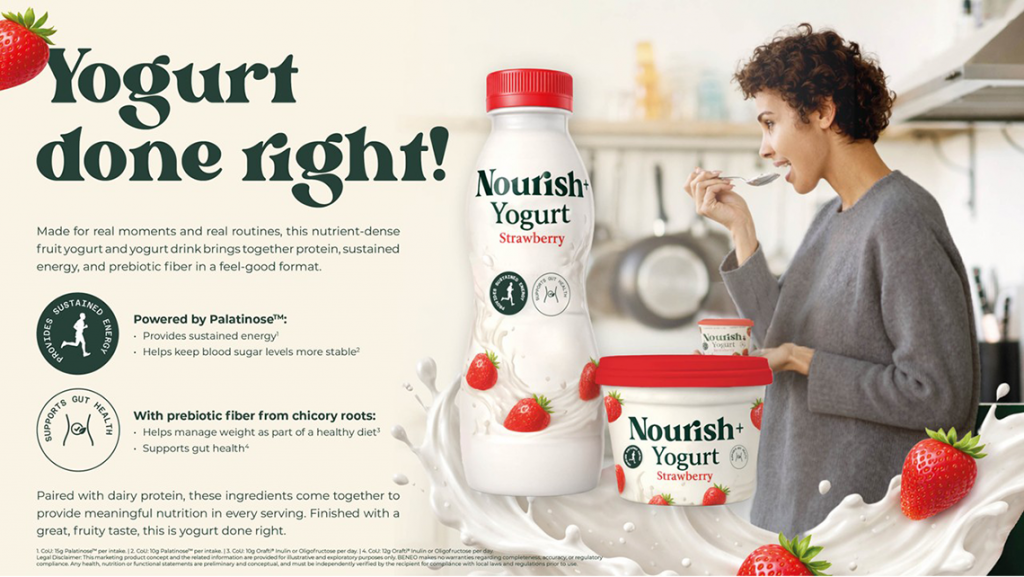 Consumer eating strawberry yogurt featuring protein and prebiotic fiber for nutritious everyday snacking.