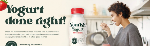 Woman enjoying strawberry yogurt next to a yogurt drink, highlighting protein, sustained energy and prebiotic fiber benefits.